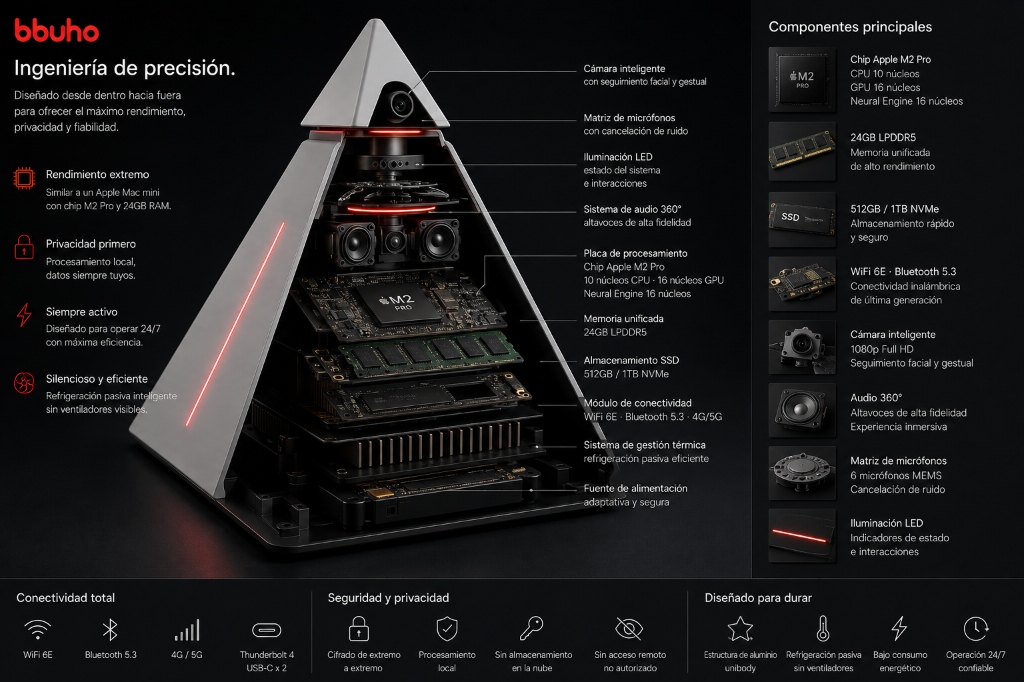 BBUHO — Vista interna de componentes: chip Apple M2 Pro, 24GB LPDDR5, SSD NVMe, altavoces 360°, matriz de micrófonos y cámara inteligente