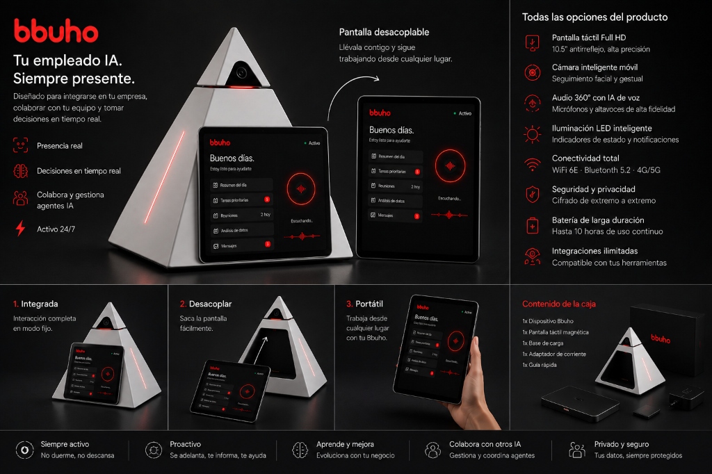 BBUHO — Especificaciones completas del producto: pantalla desacoplable, cámara, conectividad y contenido de la caja