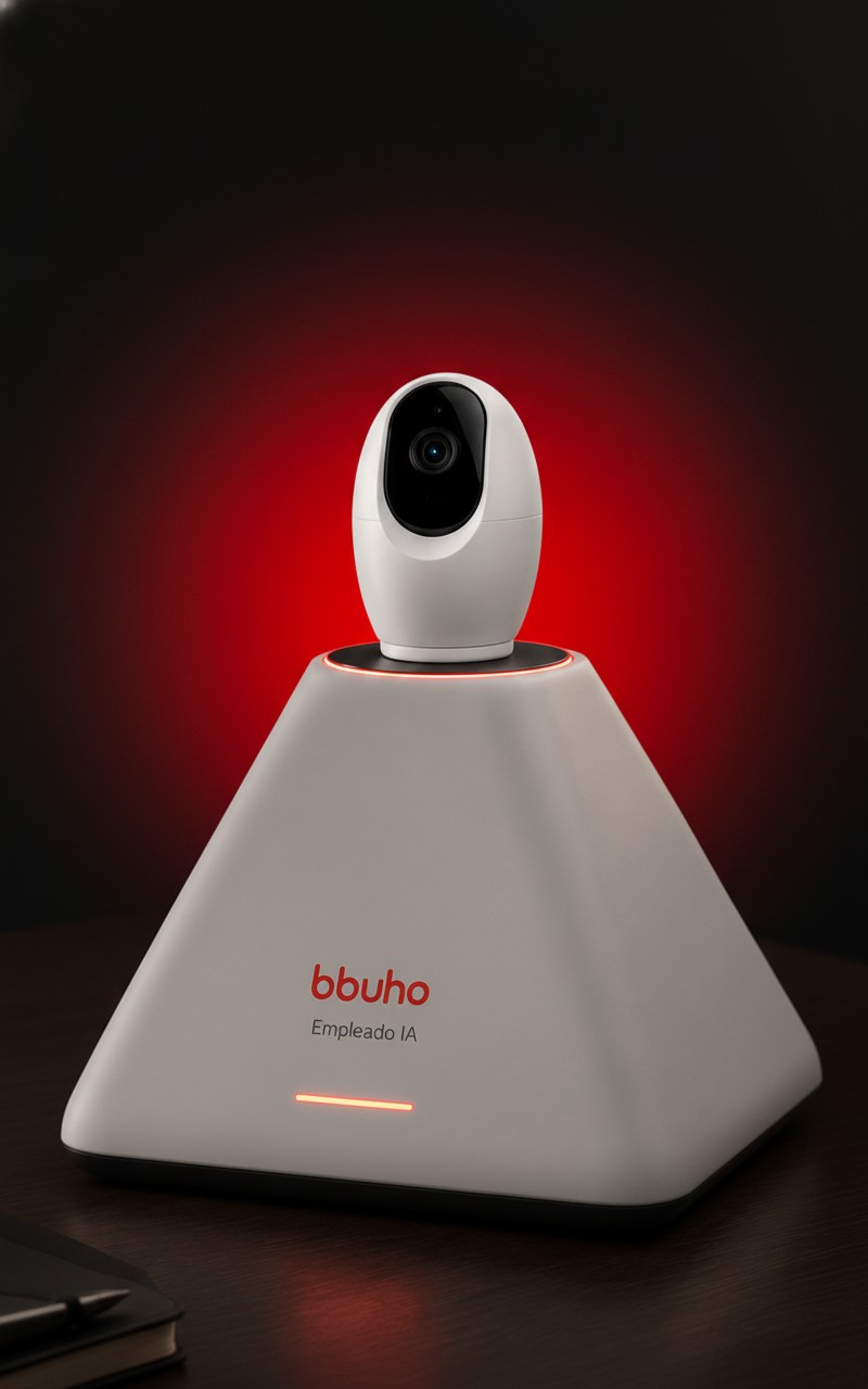 bbuho S1 — estación Empleado IA con base piramidal, cámara de visión 360°, audio envolvente y control por PWA