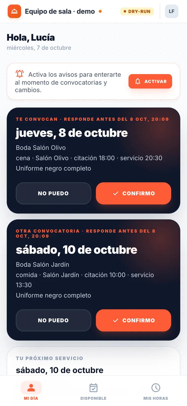 Pantalla de móvil de una camarera con dos convocatorias pendientes y los botones No puedo y Confirmo.