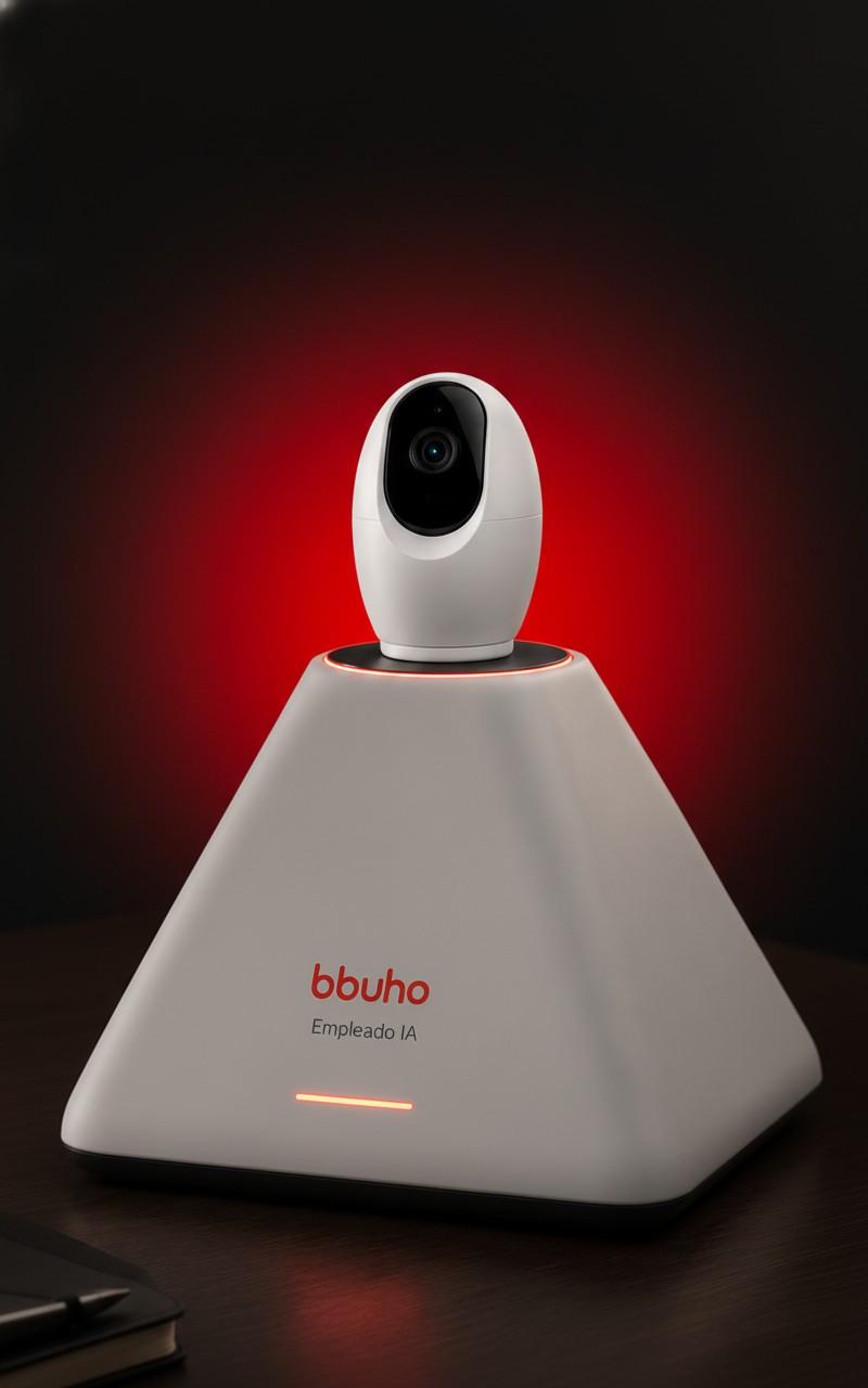 bbuho S1 — estación Empleado IA con base piramidal, cámara de visión 360°, audio envolvente y control por PWA